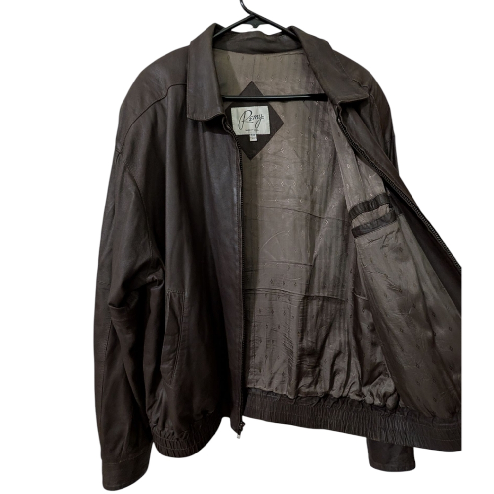 Vintage Remy Dark Brown Leather Bomber Jacket - Men's Size 44 (L) - Made in USA - Picture 3 of 9